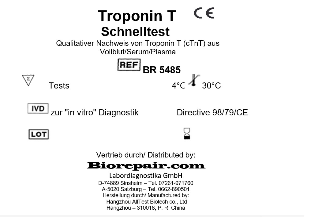 Detailliertes Verpackungs-Etikett des Troponin T Kassettenschnelltests mit Produktdaten