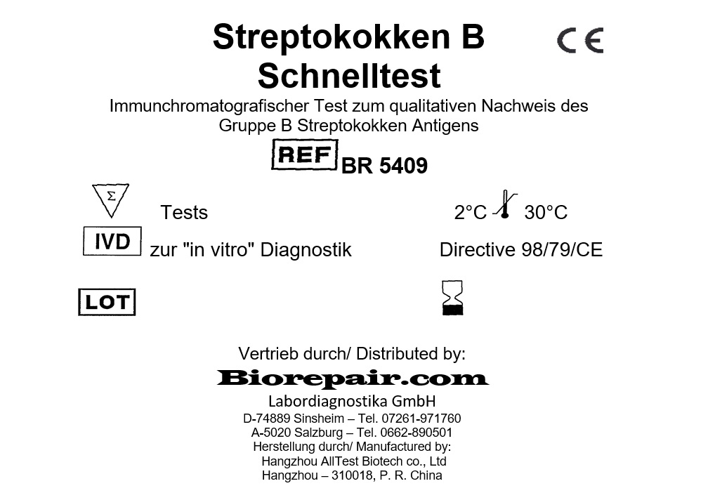 Detailliertes Verpackungs-Etikett des Streptokokken B Kassettenschnelltests mit Produktdaten