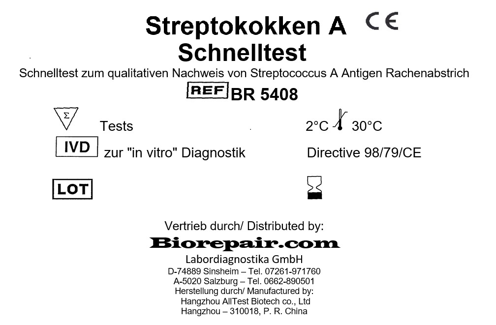 Detailliertes Verpackungs-Etikett des Streptokokken A Kassettenschnelltests mit Produktdaten