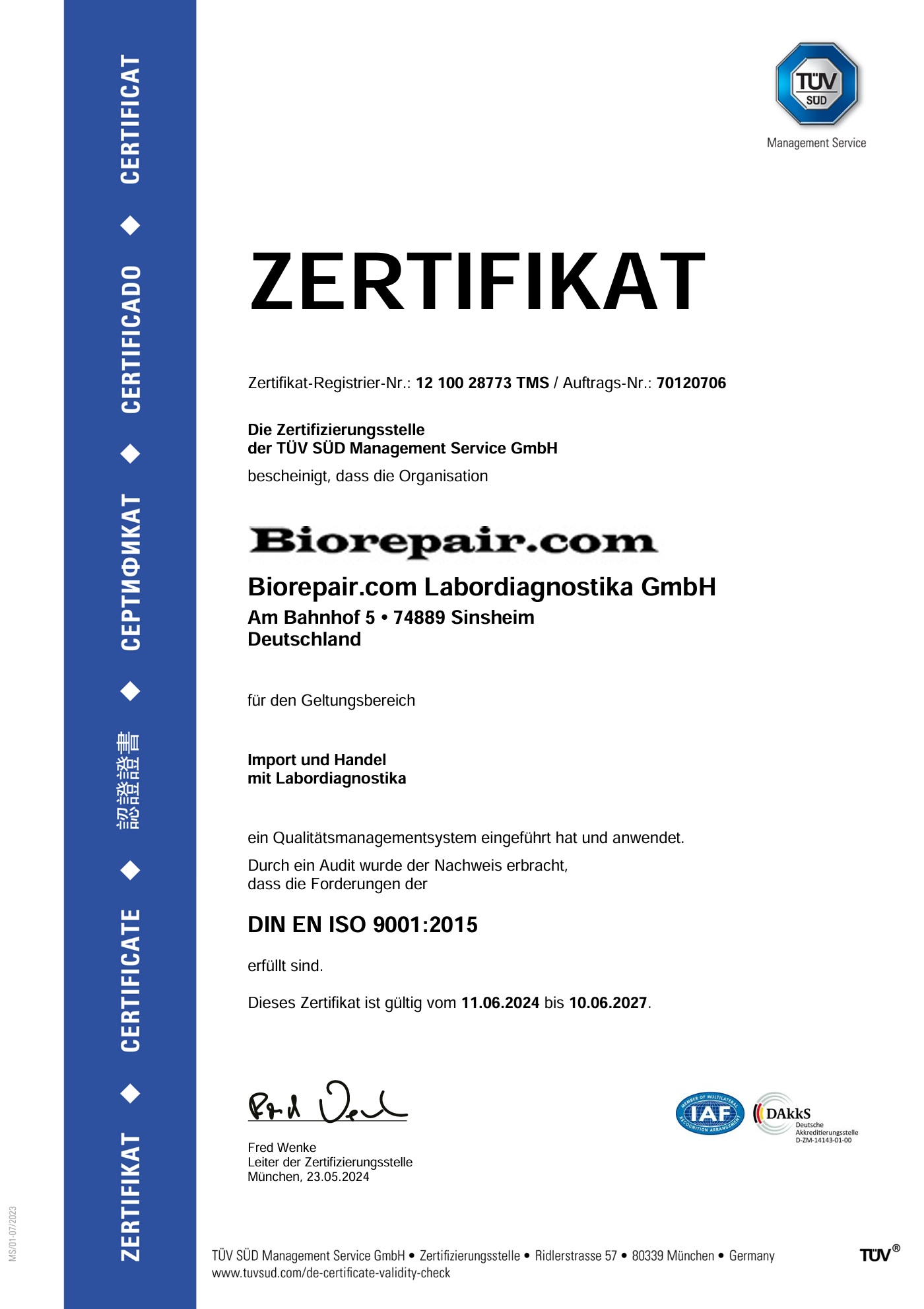 Aktuelle ISO 9001 Zertifikat - Biorepair.com