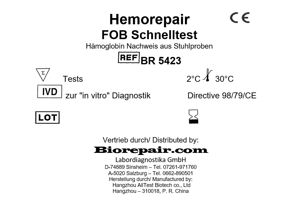 Detailliertes Verpackungs-Etikett des Hemorepair iFOBT Kassettenschnelltests mit Produktdaten