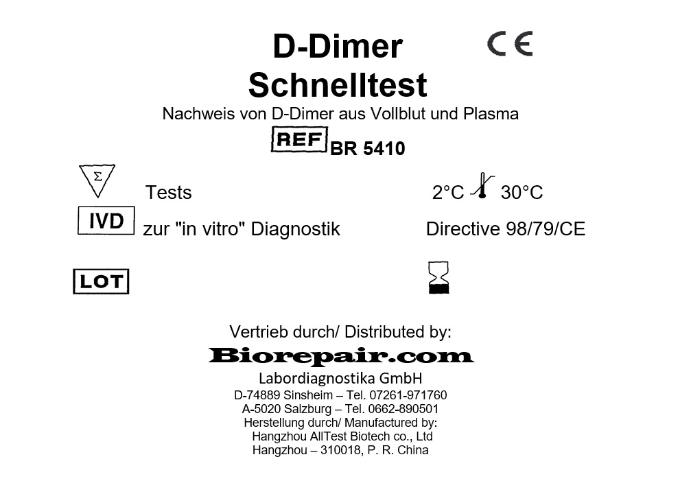 Detailliertes Verpackungs-Etikett des D-Dimer Kassettenschnelltests mit Produktdaten